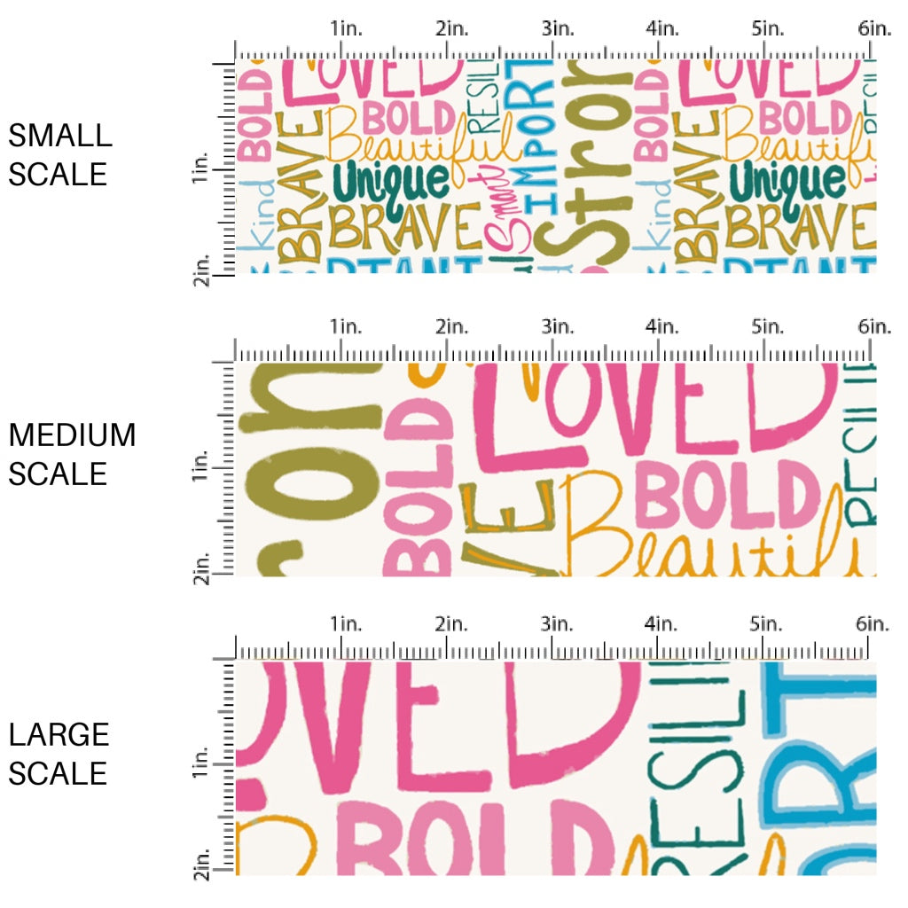 This scale chart of small scale, medium scale, and large scale of these school themed fabric by the yard features colorful affirmation sayings on cream. This fun themed fabric can be used for all your sewing and crafting needs!