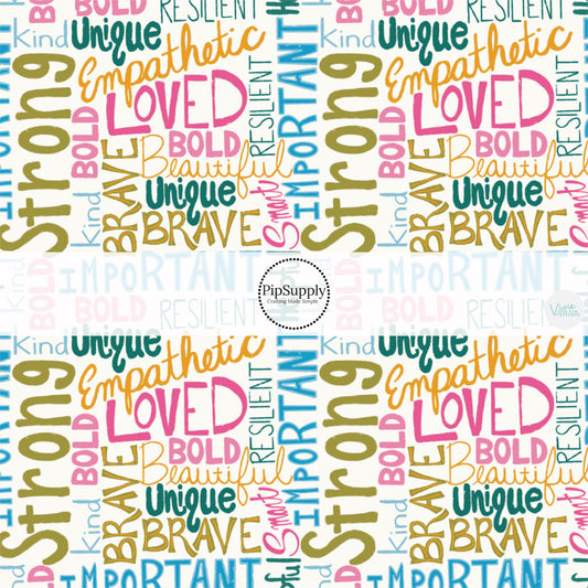 These school themed fabric by the yard features colorful affirmation sayings on cream. This fun themed fabric can be used for all your sewing and crafting needs!