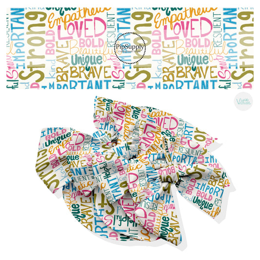 These school themed no sew bow strips can be easily tied and attached to a clip for a finished hair bow. These fun patterned bow strips are great for personal use or to sell. These bow strips feature colorful affirmation sayings on cream.