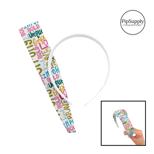 These school themed patterned headband kits are easy to assemble and come with everything you need to make your own knotted headband. These fun kits include a custom printed and sewn fabric strip and a coordinating velvet headband. This cute pattern features colorful affirmation sayings on cream.
