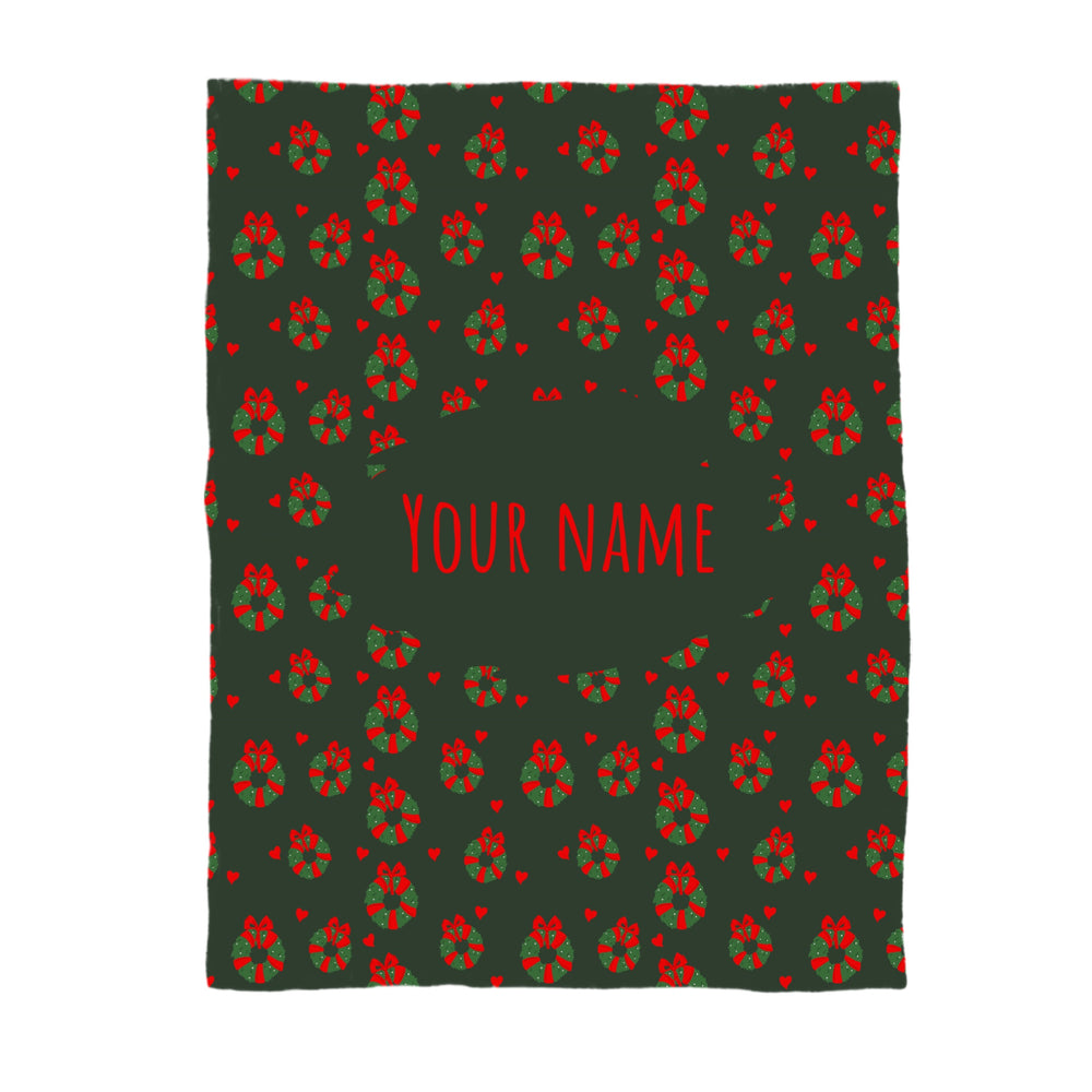 This Christmas designer pattern is printed onto the front side of our soft touch minky blankets. The backside will not be printed and left the natural cream/white color of the blanket. This print pattern features holiday wreaths with red bows on green.