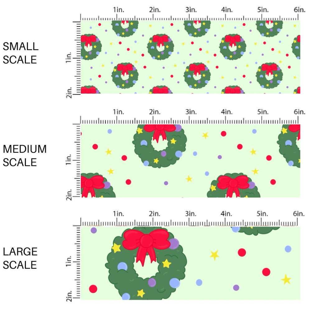 These Christmas themed pattern fabric by the yard features the following design elements: holiday wreaths with red bows on green. This fun themed fabric can be used for all your sewing and crafting needs!