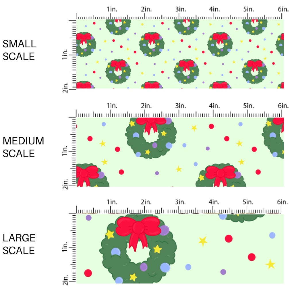 These Christmas themed pattern fabric by the yard features the following design elements: holiday wreaths with red bows on green. This fun themed fabric can be used for all your sewing and crafting needs!