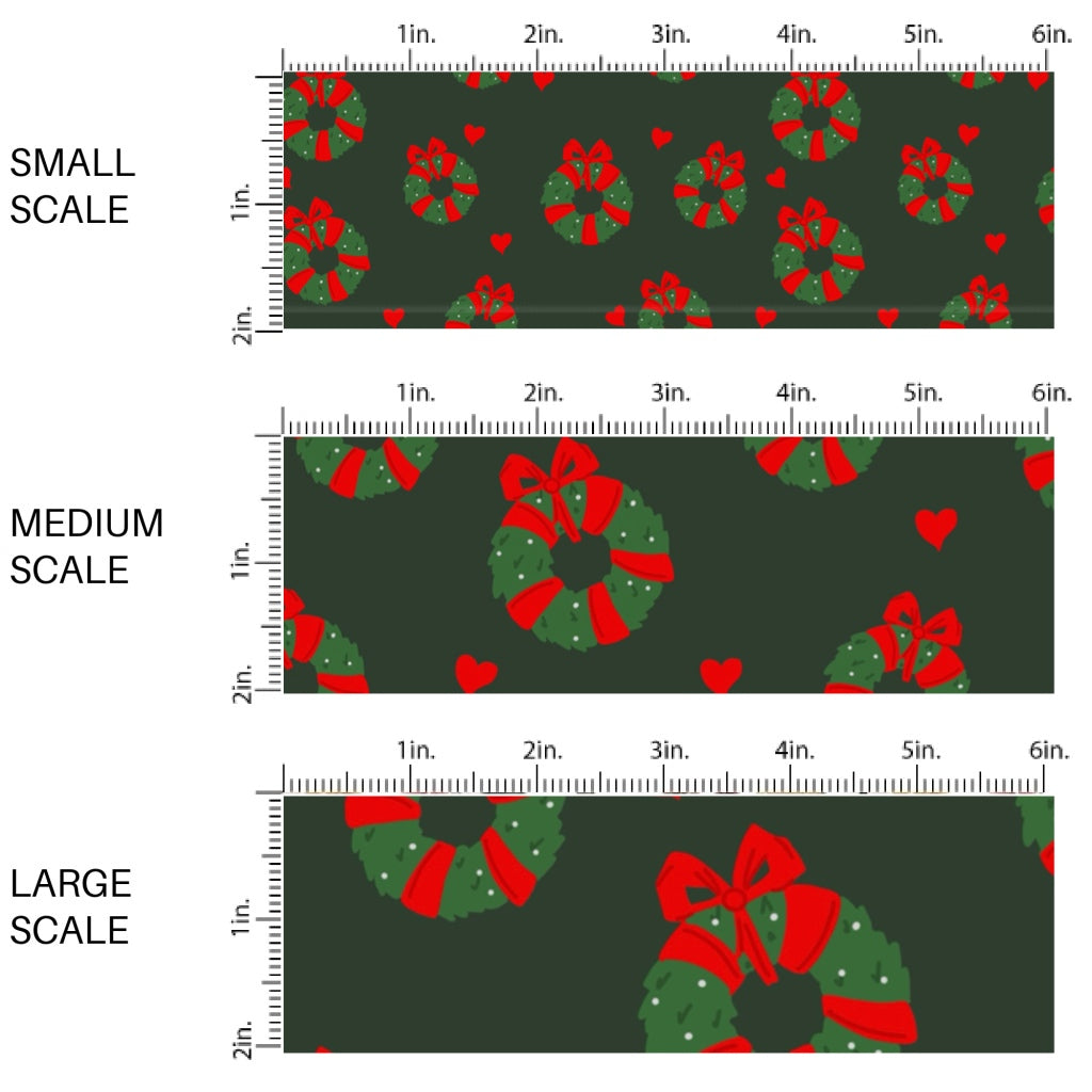 These Christmas themed pattern fabric by the yard features the following design elements: holiday wreaths with red bows on green. This fun themed fabric can be used for all your sewing and crafting needs!