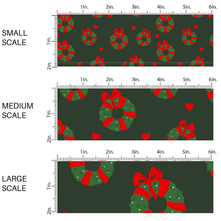 These Christmas themed pattern fabric by the yard features the following design elements: holiday wreaths with red bows on green. This fun themed fabric can be used for all your sewing and crafting needs!