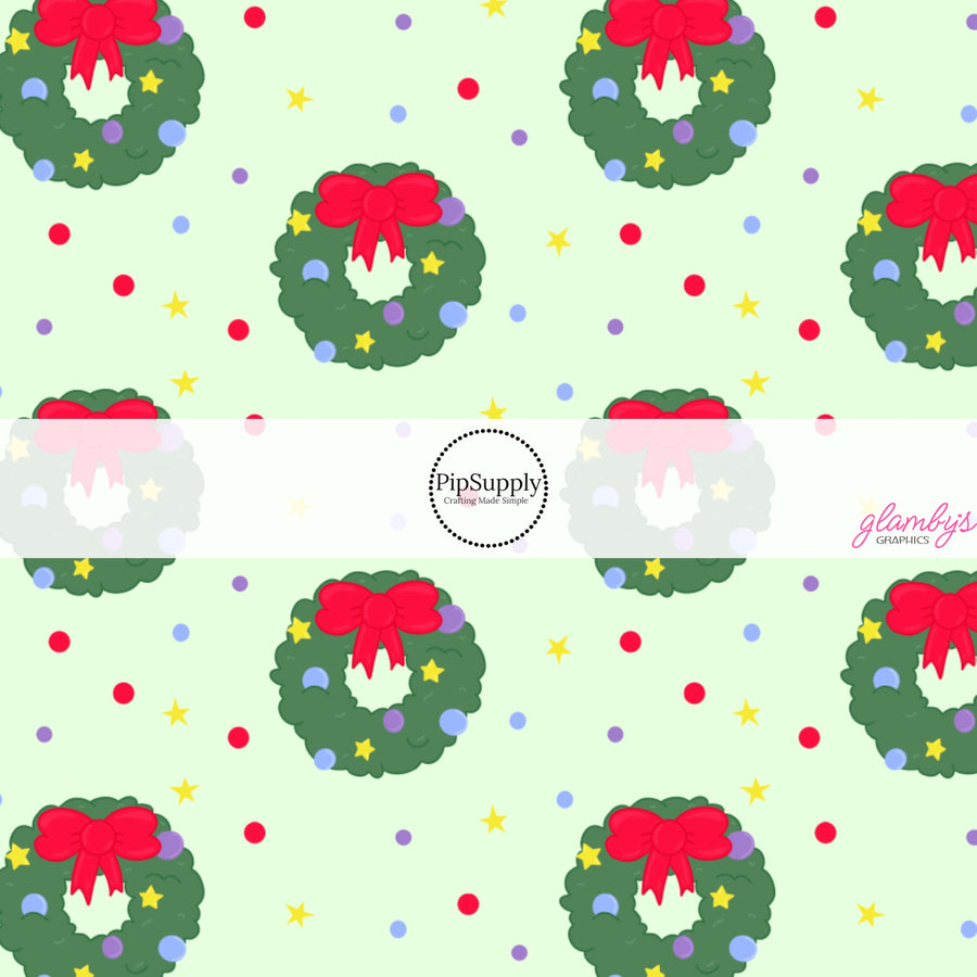 These Christmas themed pattern fabric by the yard features the following design elements: holiday wreaths with red bows on green. This fun themed fabric can be used for all your sewing and crafting needs!