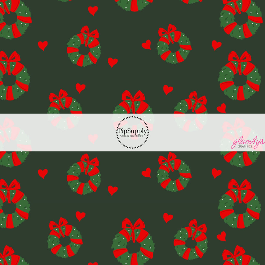 These Christmas themed pattern fabric by the yard features the following design elements: holiday wreaths with red bows on green. This fun themed fabric can be used for all your sewing and crafting needs!