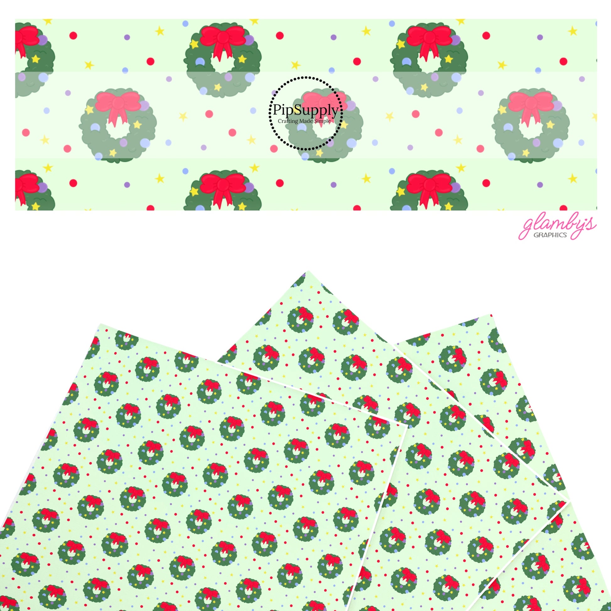 These Christmas themed pattern faux leather sheets contain the following design elements: holiday wreaths with red bows on green. Our CPSIA compliant faux leather sheets or rolls can be used for all types of crafting projects.