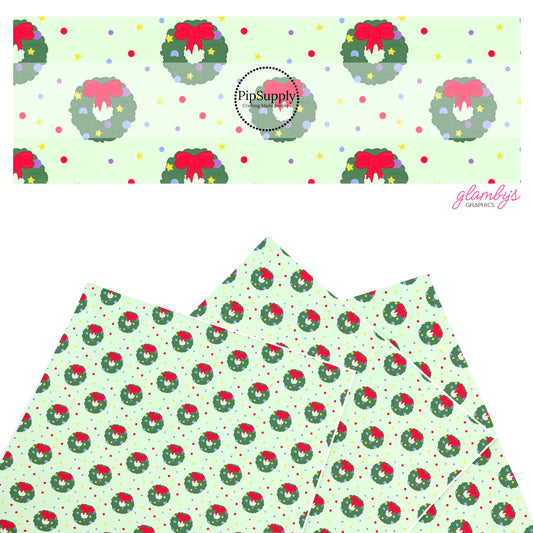 These Christmas themed pattern faux leather sheets contain the following design elements: holiday wreaths with red bows on green. Our CPSIA compliant faux leather sheets or rolls can be used for all types of crafting projects.