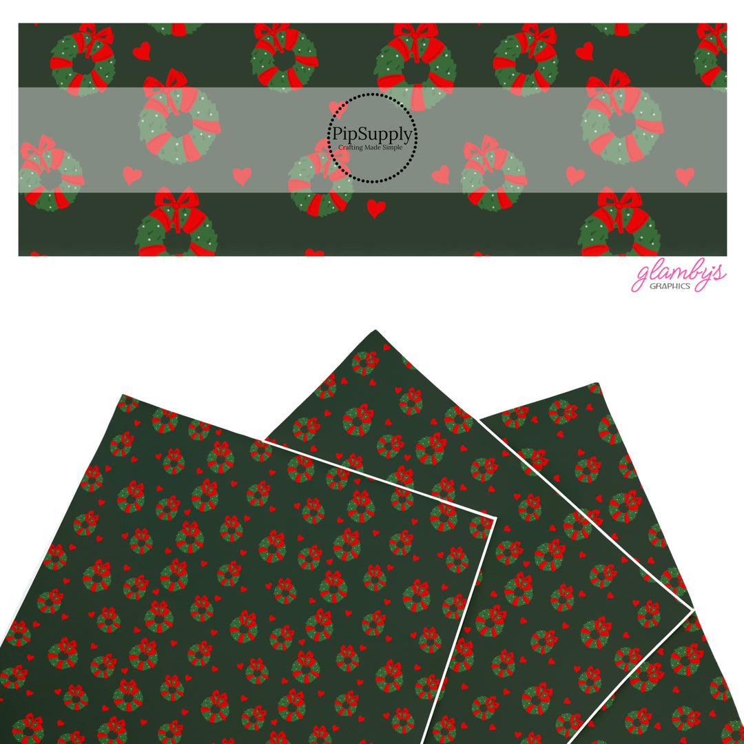 These Christmas themed pattern faux leather sheets contain the following design elements: holiday wreaths with red bows on green. Our CPSIA compliant faux leather sheets or rolls can be used for all types of crafting projects.