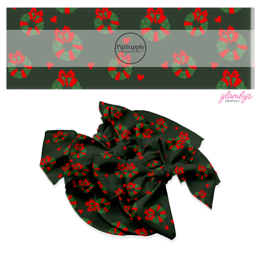 These Christmas themed no sew bow strips can be easily tied and attached to a clip for a finished hair bow. These fun patterned bow strips are great for personal use or to sell. These bow strips feature the following design elements: holiday wreaths with red bows on green.