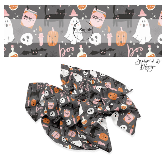 Ghost, kulls, spiders, cats, pumpkins, magic, stars, and sayings on charcoal hair bow strips
