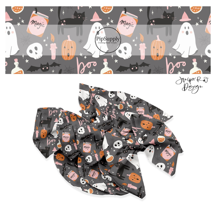 Ghost, kulls, spiders, cats, pumpkins, magic, stars, and sayings on charcoal hair bow strips