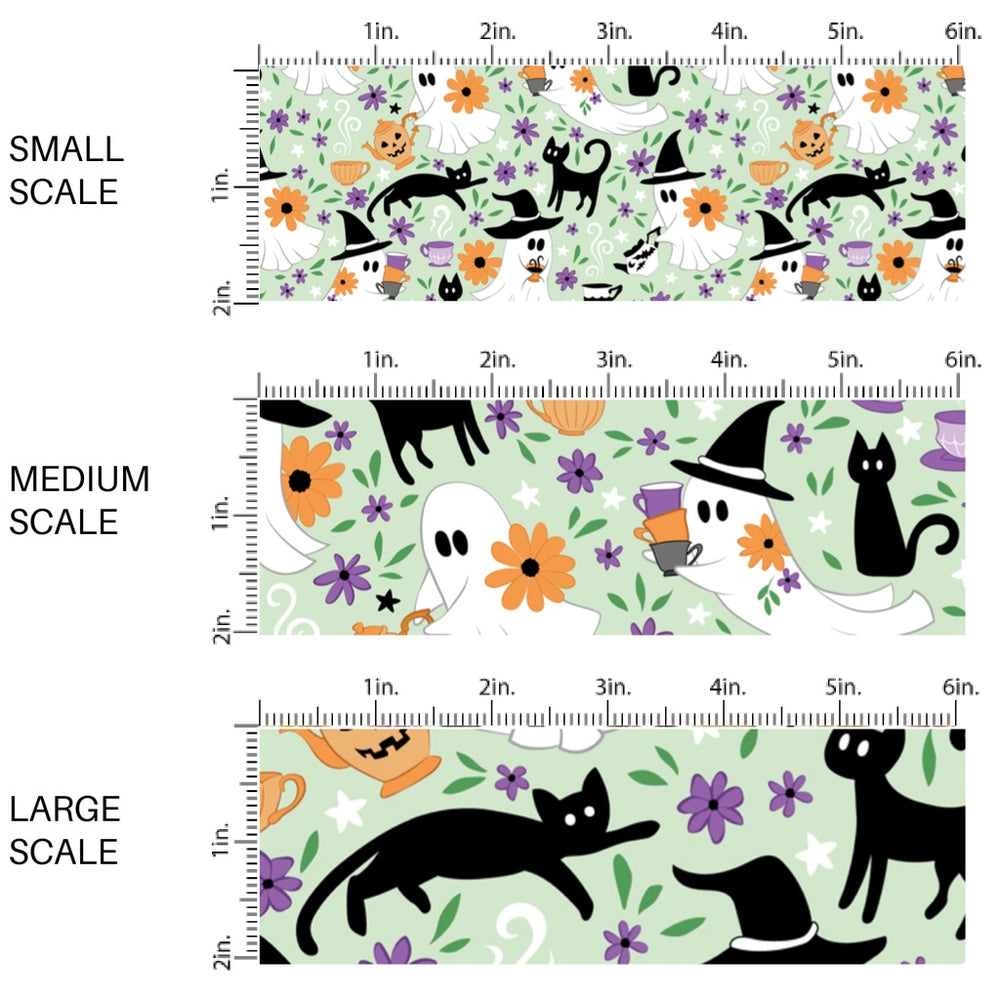 These Halloween themed pattern fabric by the yard features the following design elements: ghost, cats, and tea cups on light green. This fun spooky themed fabric can be used for all your sewing and crafting needs!