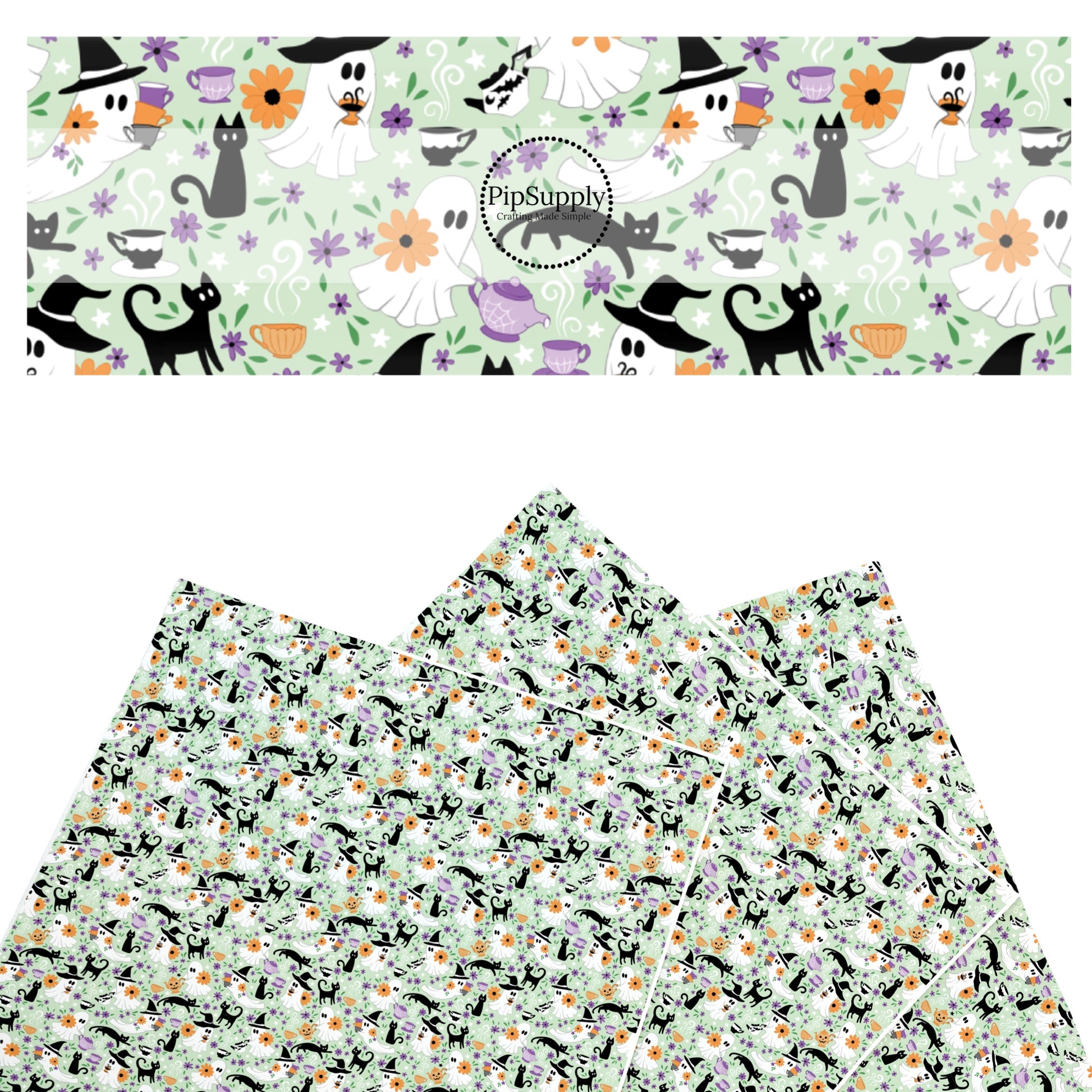 These Halloween themed pattern faux leather sheets contain the following design elements: ghost, cats, and tea cups on light green. Our CPSIA compliant faux leather sheets or rolls can be used for all types of crafting projects.