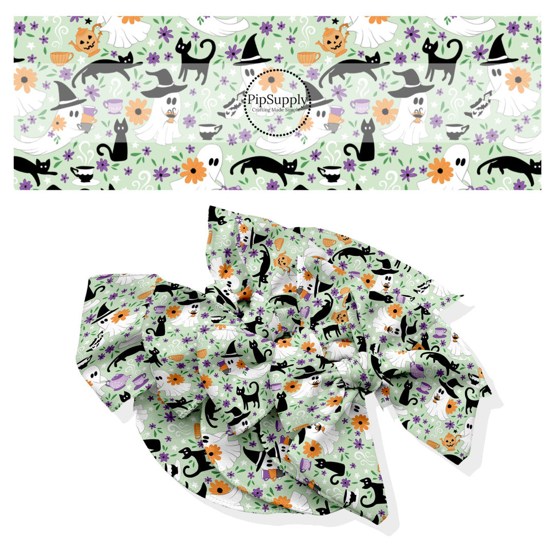 These Halloween themed no sew bow strips can be easily tied and attached to a clip for a finished hair bow. These fun spooky patterned bow strips are great for personal use or to sell. These bow strips feature the following design elements: ghost, cats, and tea cups on light green.