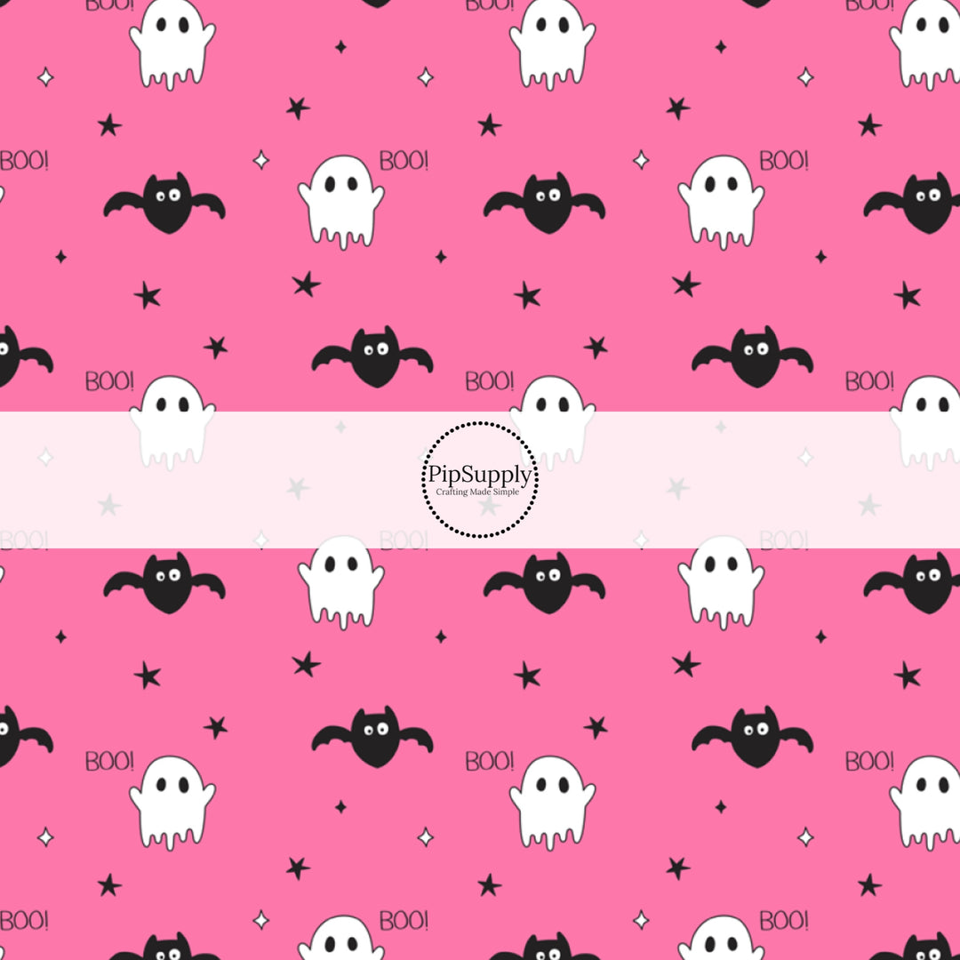 Bats, ghost, and stars with sayings on pink hair bow strip