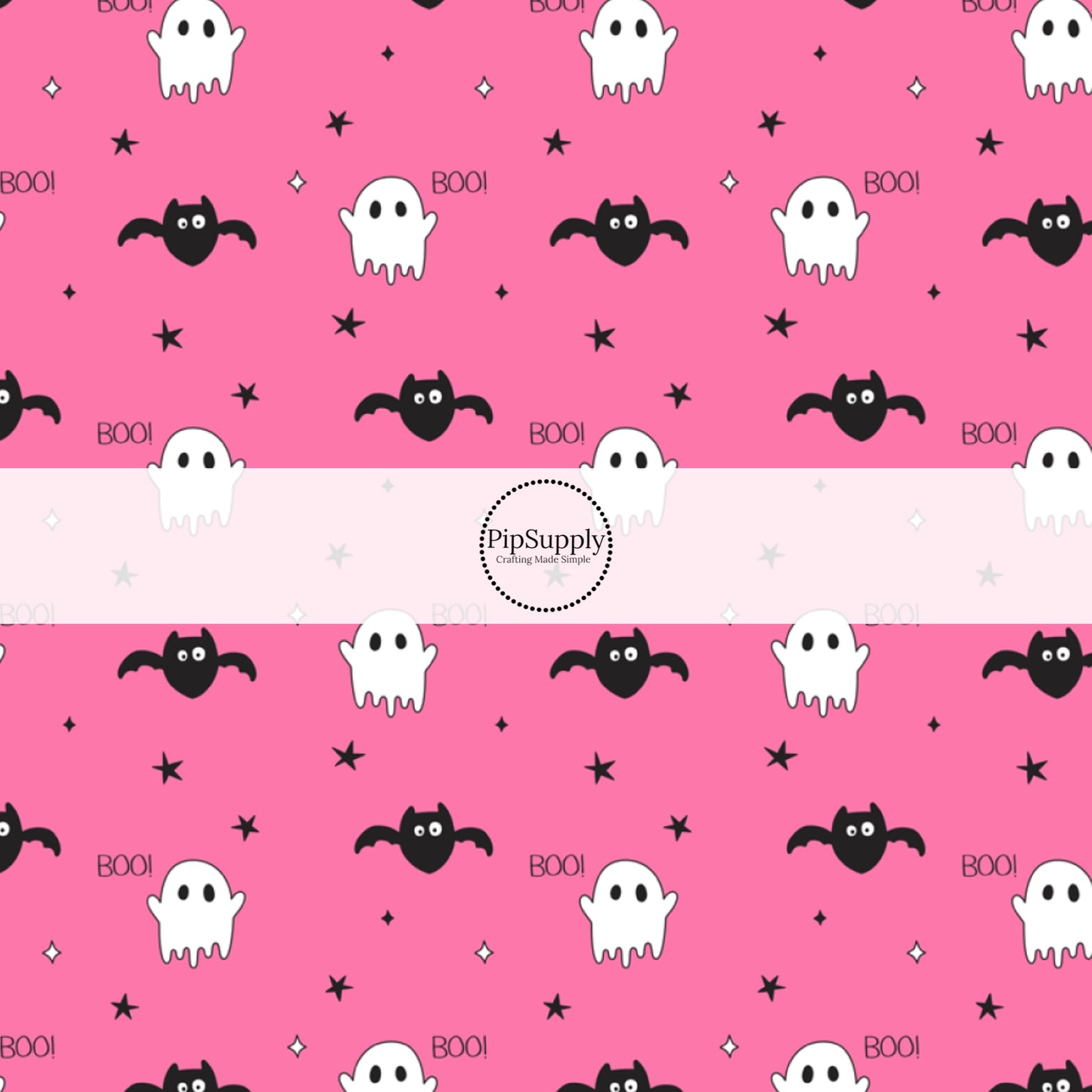 Bats, ghost, and stars with sayings on pink hair bow strip