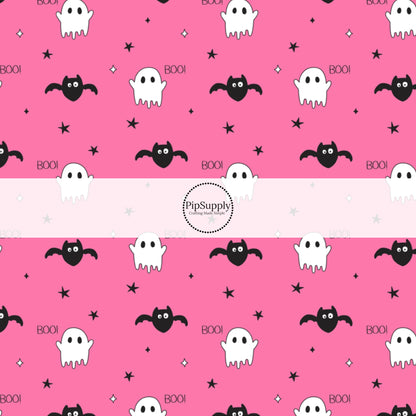 Bats, ghost, and stars with sayings on pink hair bow strip