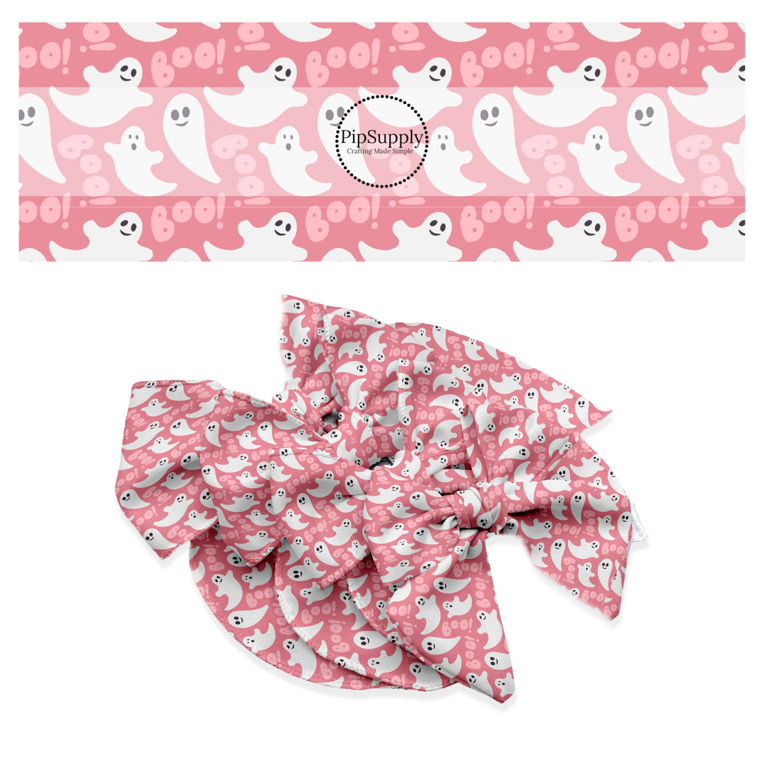 White ghost and boo sayings on pink hair bow strips