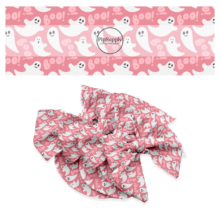 White ghost and boo sayings on pink hair bow strips