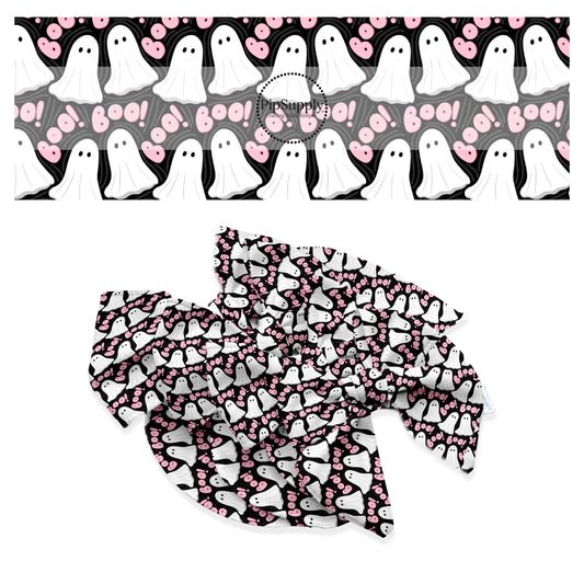 Boo in pink with white ghost on black hair bow strips