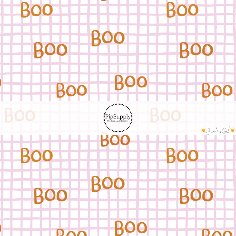 These Halloween themed pattern fabric by the yard features the following design elements: "Boo" wording on purple grid pattern. This fun spooky themed fabric can be used for all your sewing and crafting needs!