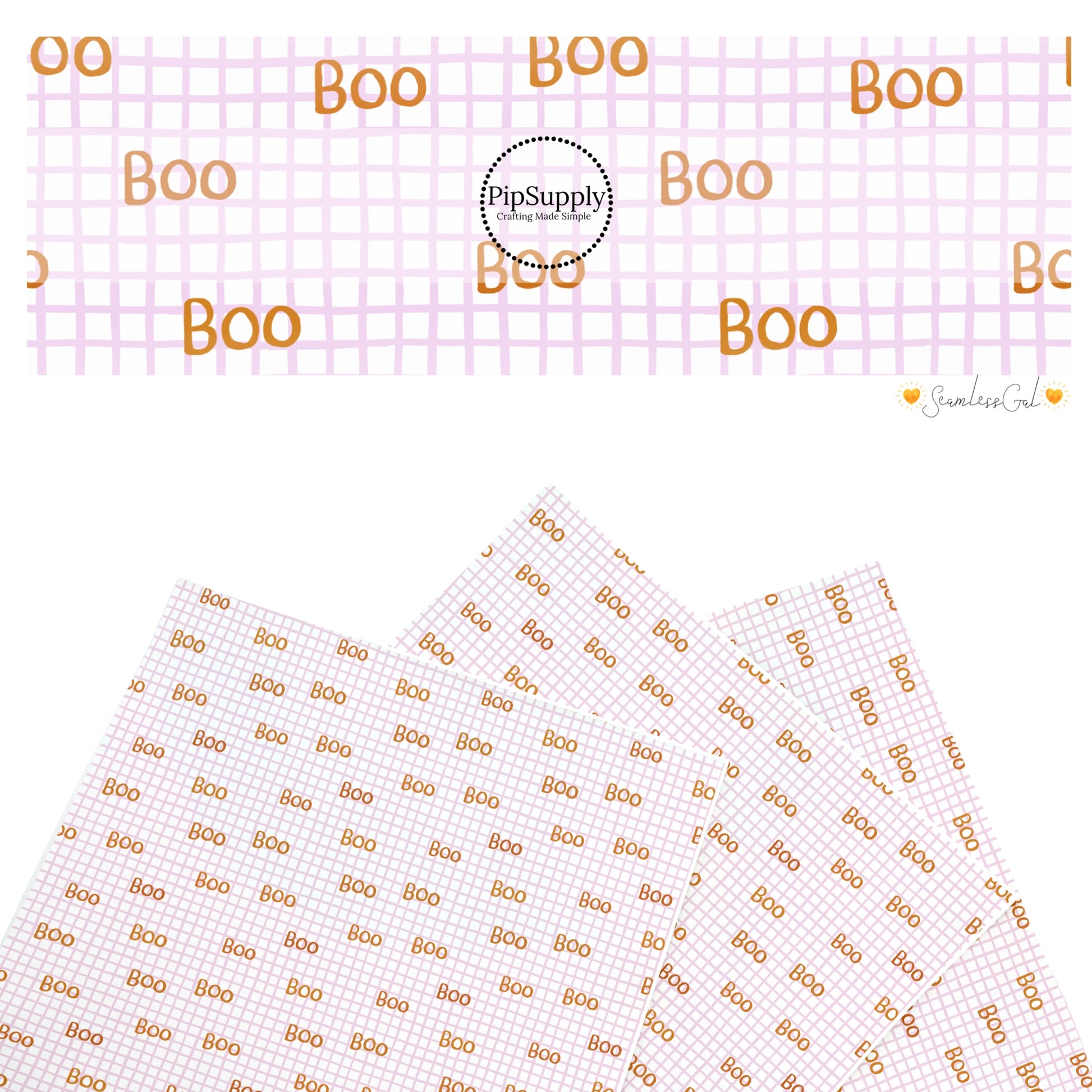 These Halloween themed pattern faux leather sheets contain the following design elements: "Boo" wording on purple grid pattern. Our CPSIA compliant faux leather sheets or rolls can be used for all types of crafting projects.