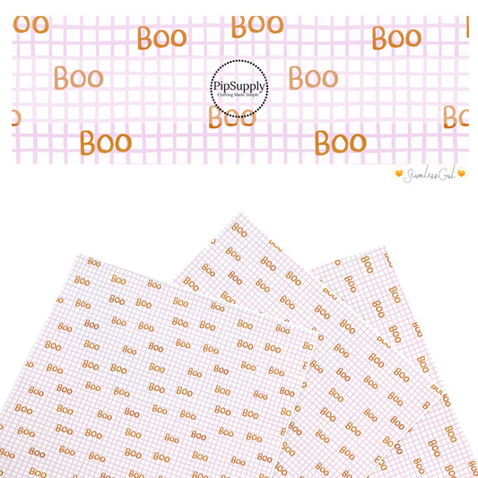 These Halloween themed pattern faux leather sheets contain the following design elements: "Boo" wording on purple grid pattern. Our CPSIA compliant faux leather sheets or rolls can be used for all types of crafting projects.