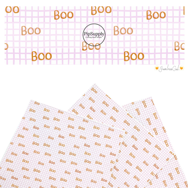 These Halloween themed pattern faux leather sheets contain the following design elements: "Boo" wording on purple grid pattern. Our CPSIA compliant faux leather sheets or rolls can be used for all types of crafting projects.