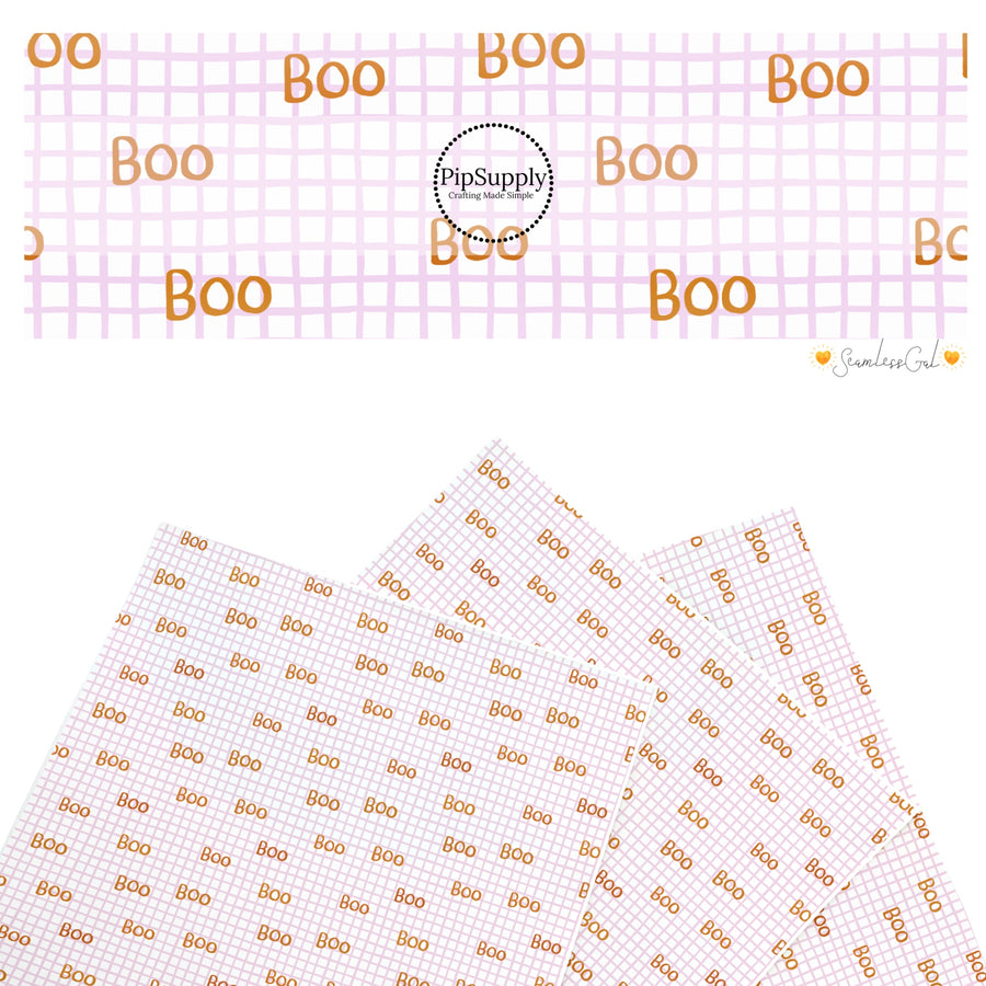 These Halloween themed pattern faux leather sheets contain the following design elements: "Boo" wording on purple grid pattern. Our CPSIA compliant faux leather sheets or rolls can be used for all types of crafting projects.