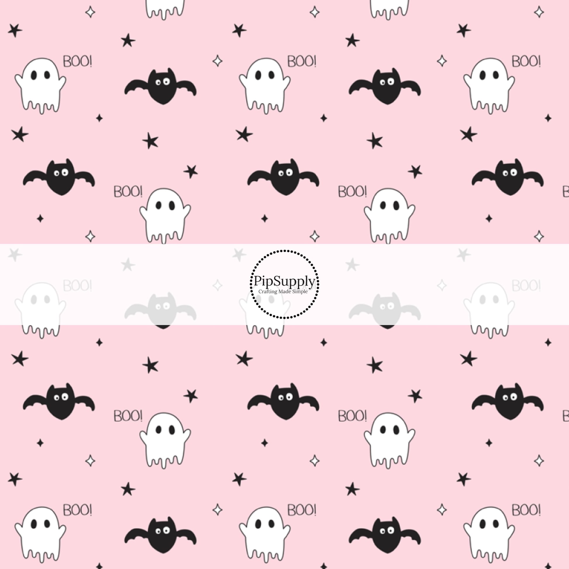 Boo with ghost and bats on pink hair bow strips