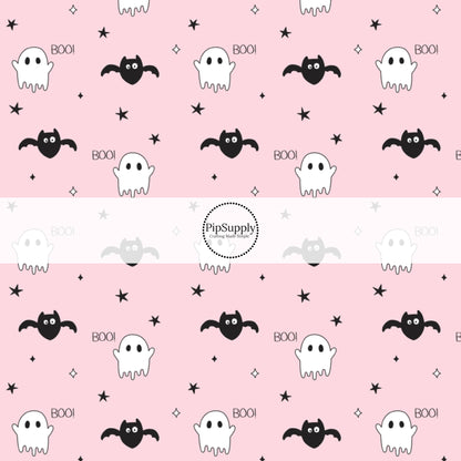 Boo with ghost and bats on pink hair bow strips