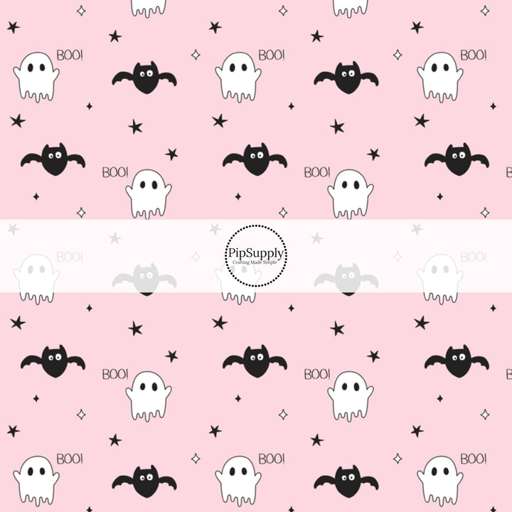 Boo with ghost and bats on pink hair bow strips