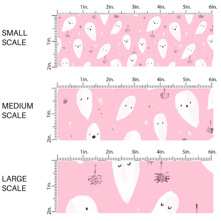 This scale chart of small scale, medium scale, and large scale of these Halloween themed pattern fabric by the yard features the following design elements: ghost on light pink. This fun spooky themed fabric can be used for all your sewing and crafting needs!