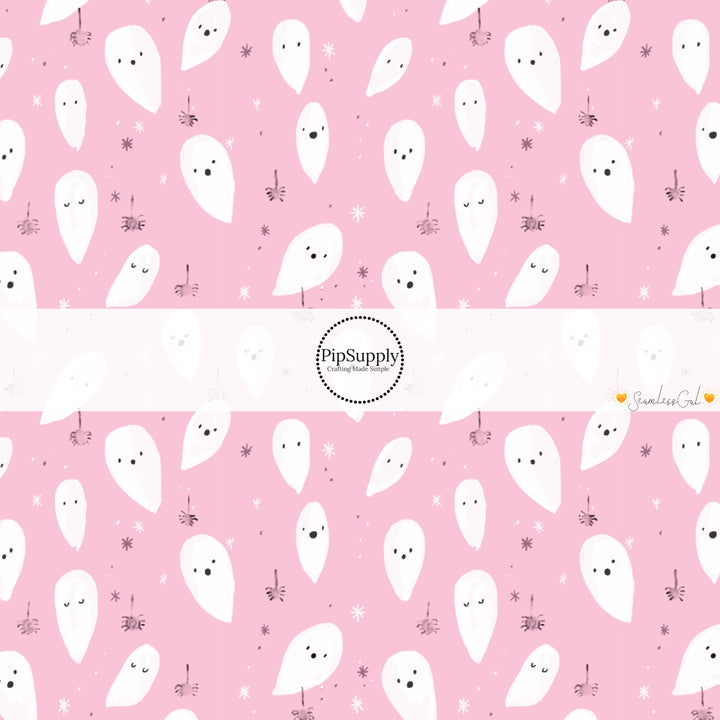 These Halloween themed pattern fabric by the yard features the following design elements: ghost on light pink. This fun spooky themed fabric can be used for all your sewing and crafting needs!