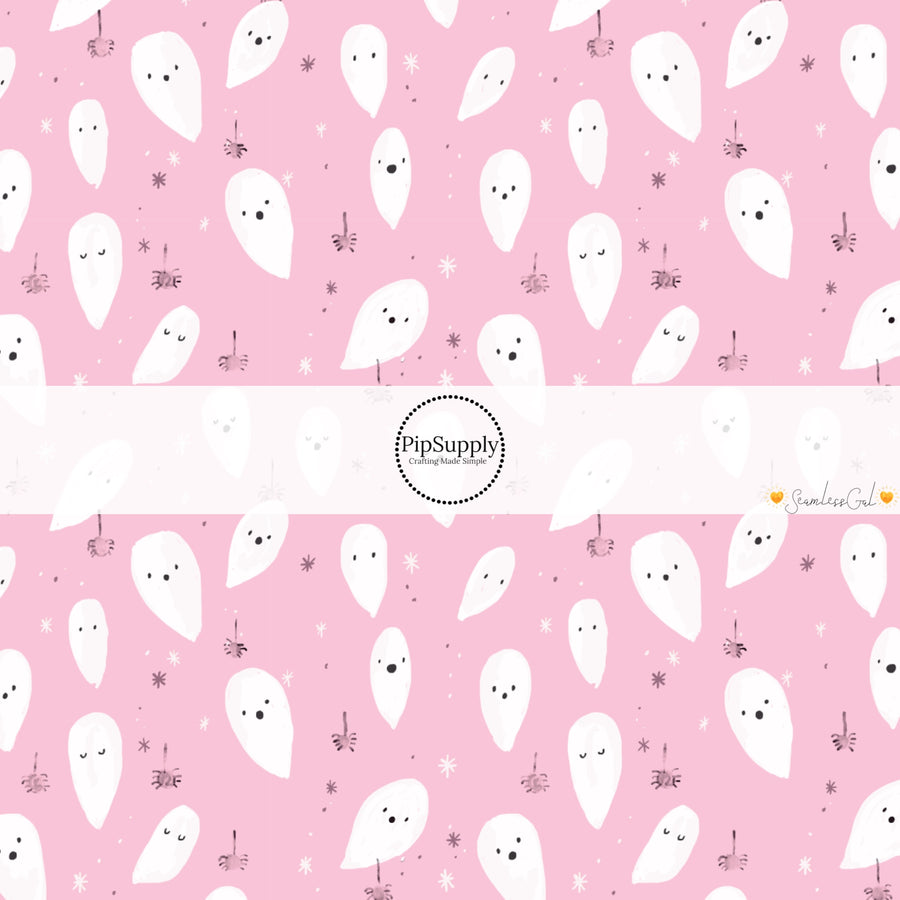 These Halloween themed pattern fabric by the yard features the following design elements: ghost on light pink. This fun spooky themed fabric can be used for all your sewing and crafting needs!