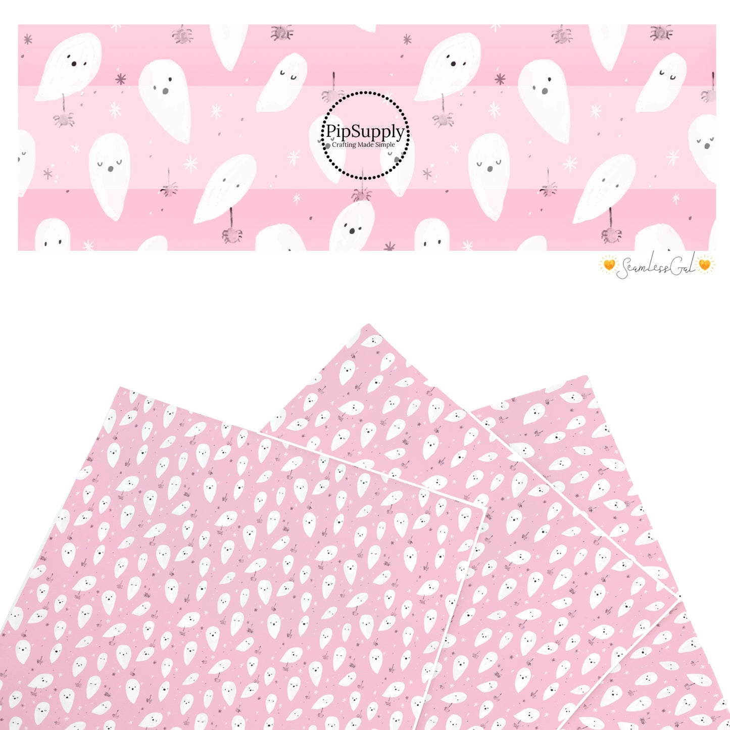 These Halloween themed pattern faux leather sheets contain the following design elements: ghost on light pink. Our CPSIA compliant faux leather sheets or rolls can be used for all types of crafting projects.