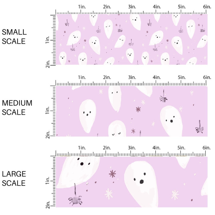 This scale chart of small scale, medium scale, and large scale of these Halloween themed pattern fabric by the yard features the following design elements: ghost on light purple. This fun spooky themed fabric can be used for all your sewing and crafting needs!