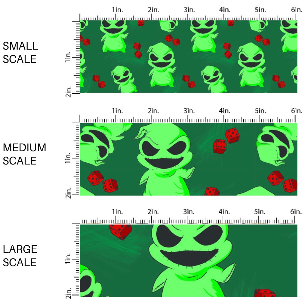 This scale chart of small scale, medium scale, and large scale of these Halloween themed pattern fabric by the yard features the following design elements: boogie man and dice on green. This fun spooky themed fabric can be used for all your sewing and crafting needs!