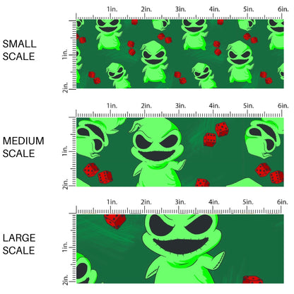 This scale chart of small scale, medium scale, and large scale of these Halloween themed pattern fabric by the yard features the following design elements: boogie man and dice on green. This fun spooky themed fabric can be used for all your sewing and crafting needs!