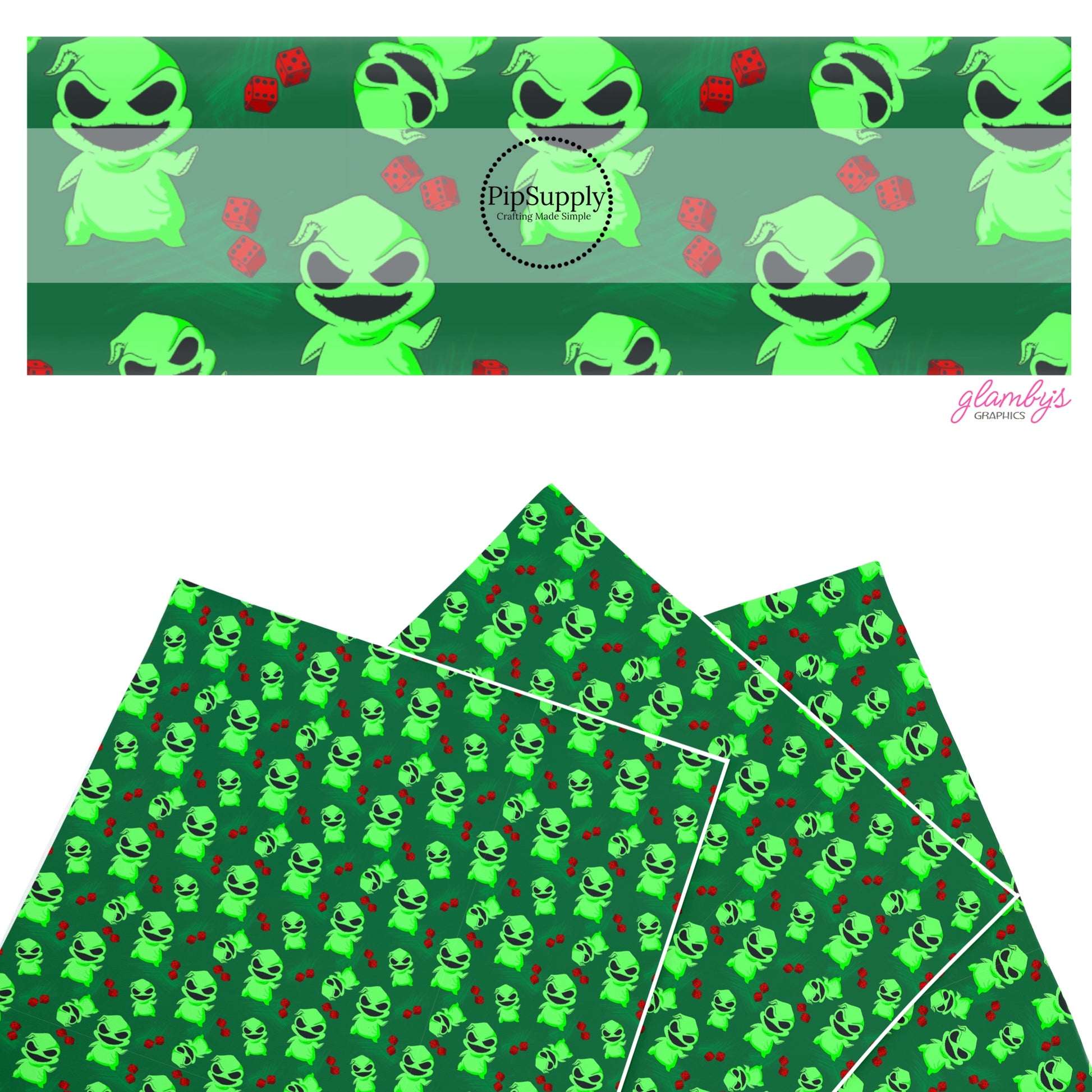 These Halloween themed pattern faux leather sheets contain the following design elements: boogie man and dice on green. Our CPSIA compliant faux leather sheets or rolls can be used for all types of crafting projects.