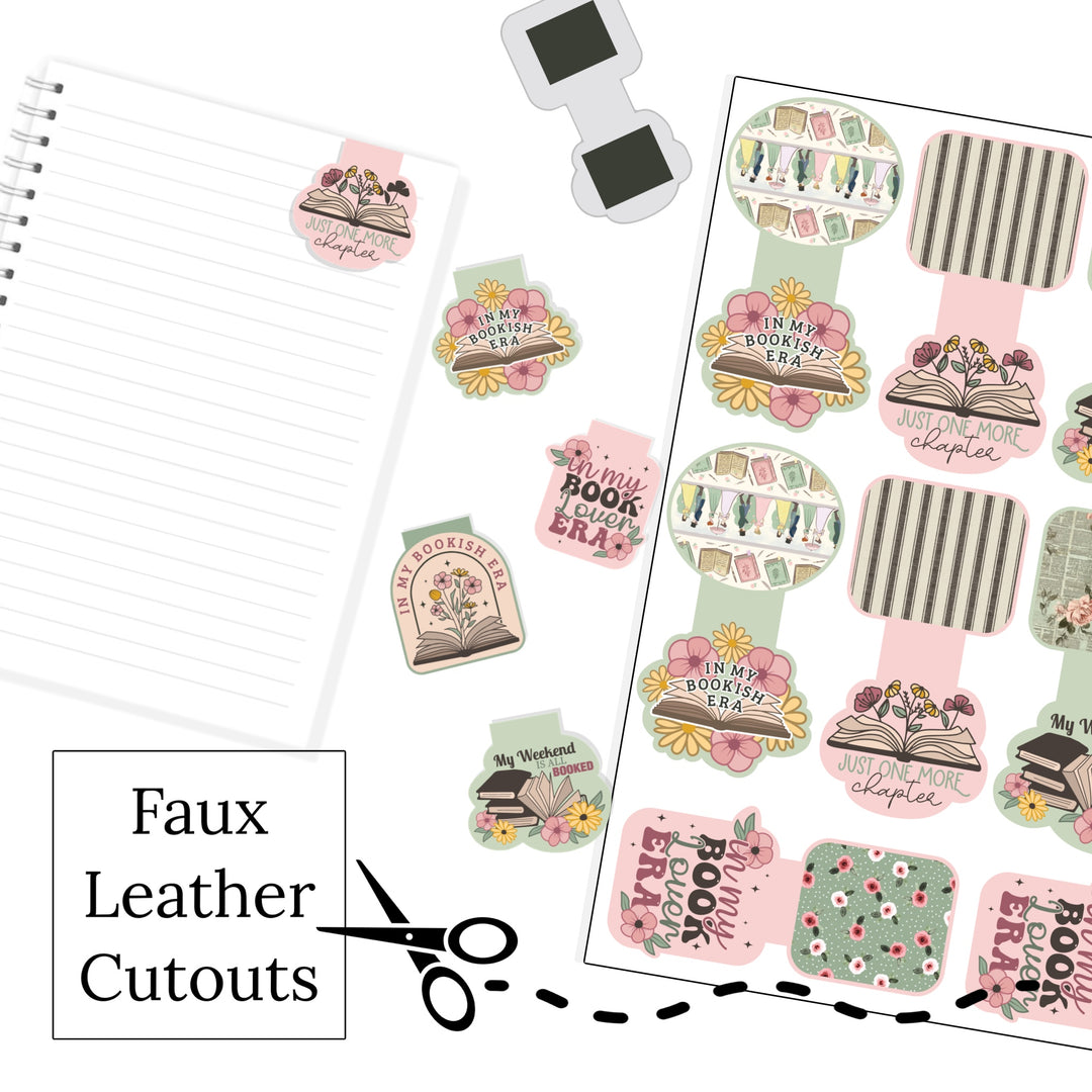 These book page holder faux leather cutout sheets are perfect for any book lover. These cutouts will need to be cut and assembled. The book page holder does require having a magnetic strip when the page holders are folded to work. A magnetic strip will need to be purchased separately.