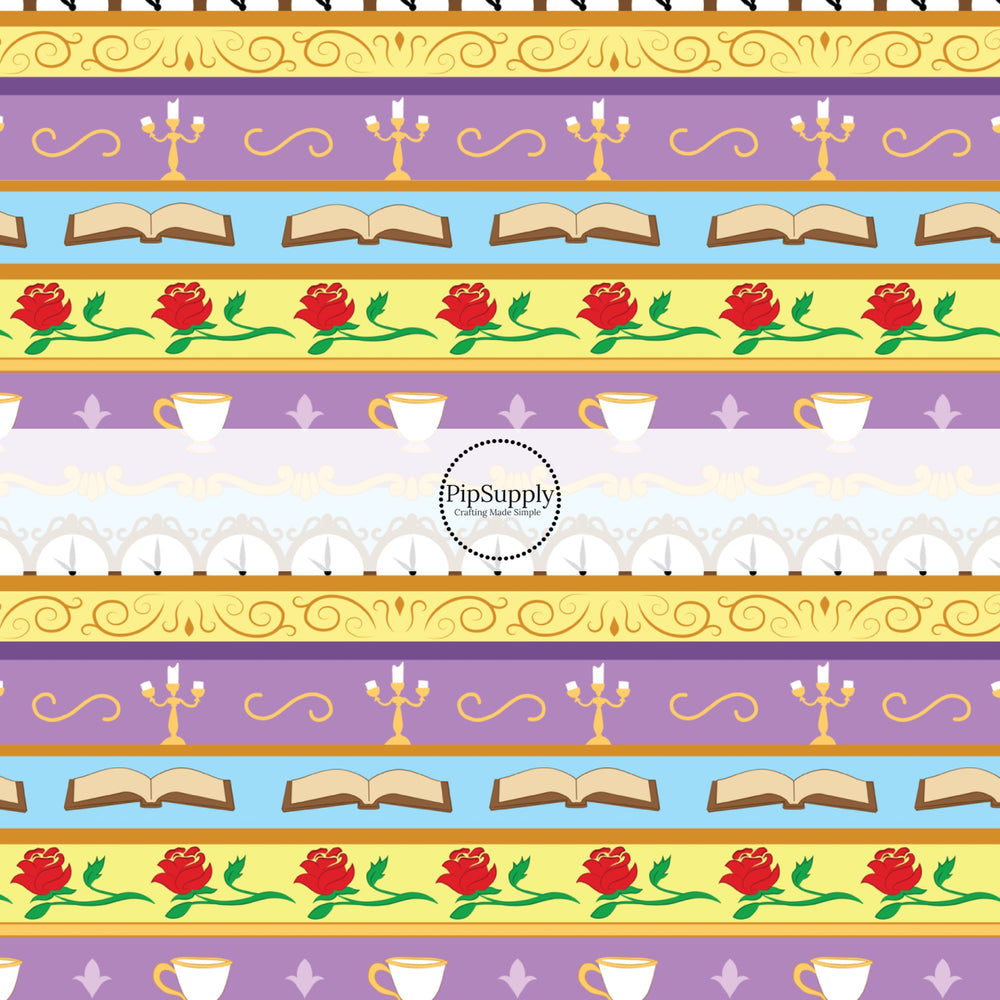 Red roses, books, and teacups on yellow and purple stripes hair bow strips