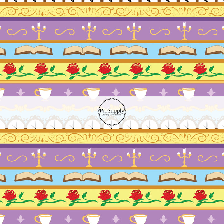 Red roses, books, and teacups on yellow and purple stripes hair bow strips