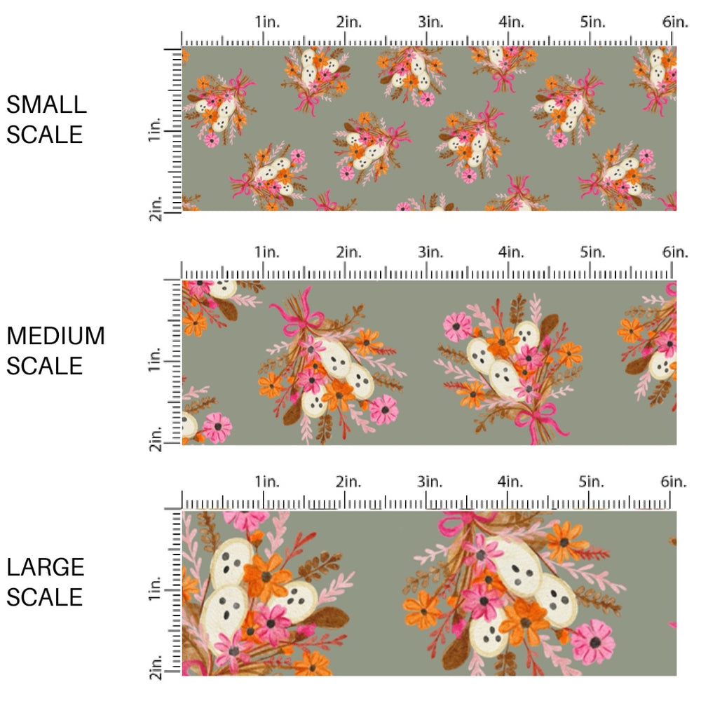 This scale chart of these fall themed pattern fabric by the yard features the following design elements: floral bouquets with ghost. This fun themed fabric can be used for all your sewing and crafting needs!