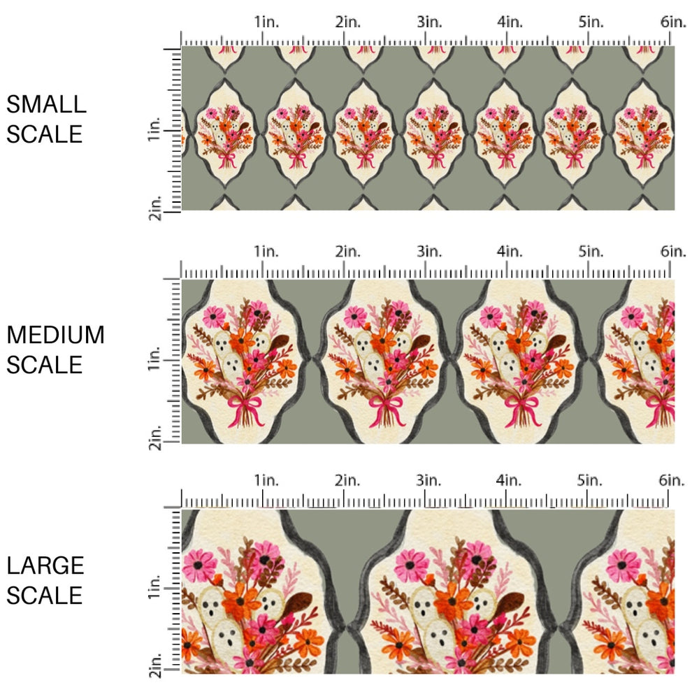 This scale chart of these fall themed pattern fabric by the yard features the following design elements: floral bouquets with ghost on medallions. This fun themed fabric can be used for all your sewing and crafting needs!