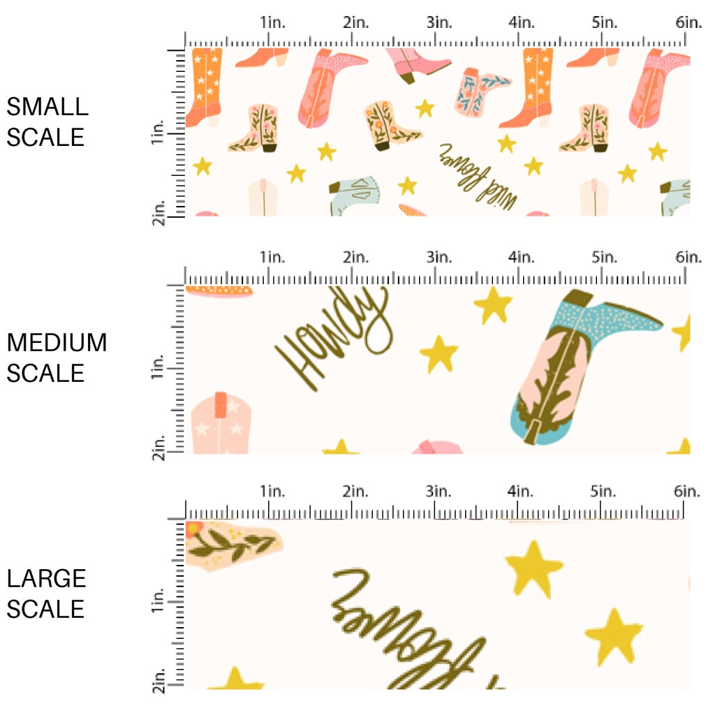 This scale chart of small scale, medium scale, and large scale of this summer fabric by the yard feature "Howdy" and cowgirl boots on cream. This fun summer western themed fabric can be used for all your sewing and crafting needs!