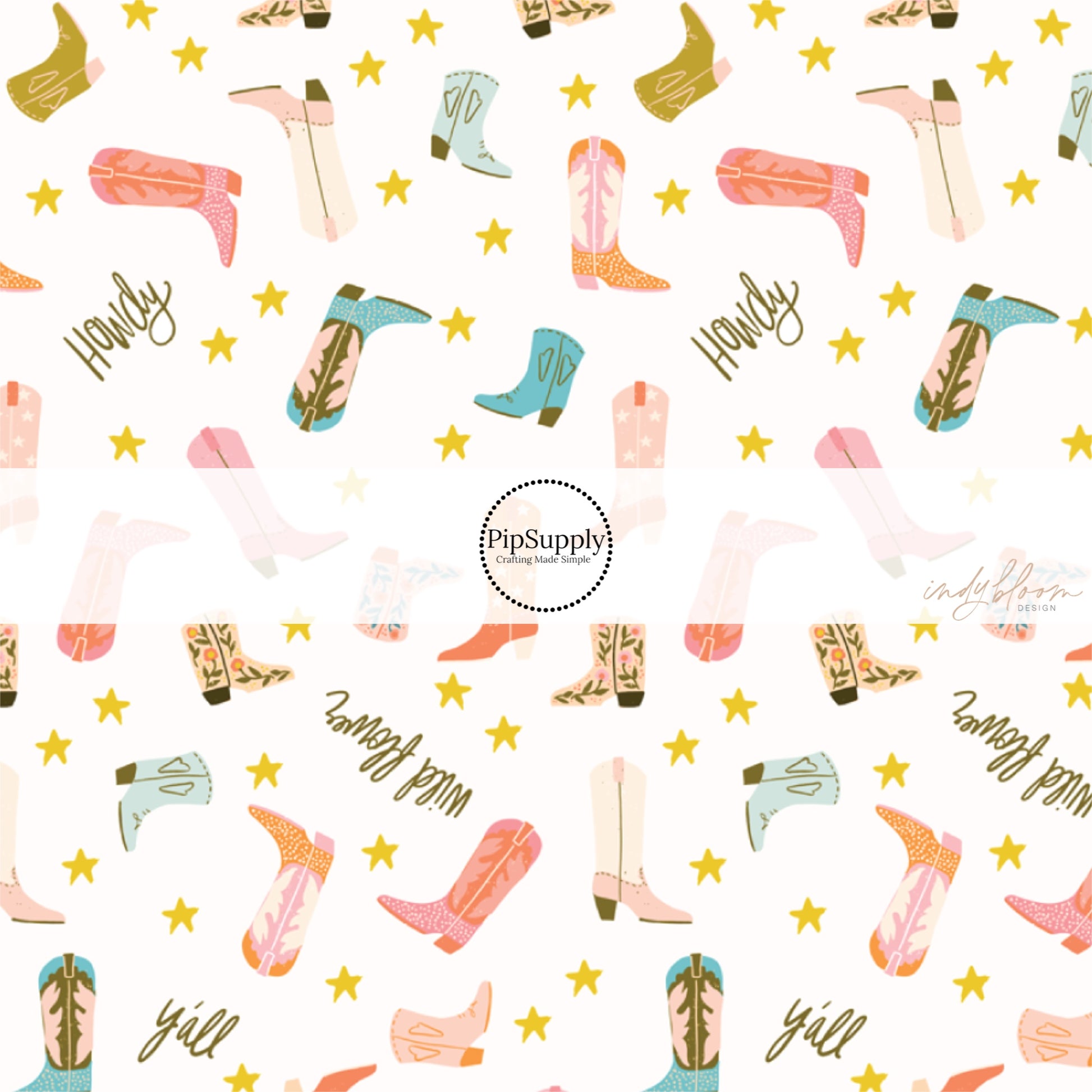 This summer fabric by the yard feature "Howdy" and cowgirl boots on cream. This fun summer western themed fabric can be used for all your sewing and crafting needs!