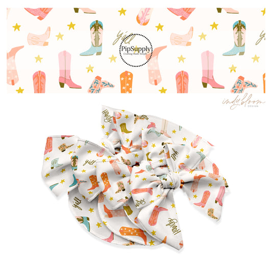 These summer themed no sew bow strips can be easily tied and attached to a clip for a finished hair bow. These summer patterned bow strips are great for personal use or to sell. These bow strips feature "Howdy" and cowgirl boots on cream.